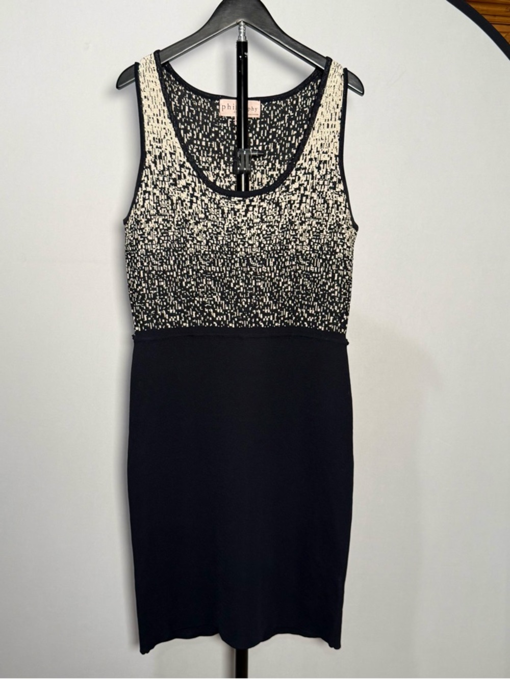 Philosophy Sparkly Black and Cream Sleeveless Knit Sheath Dress